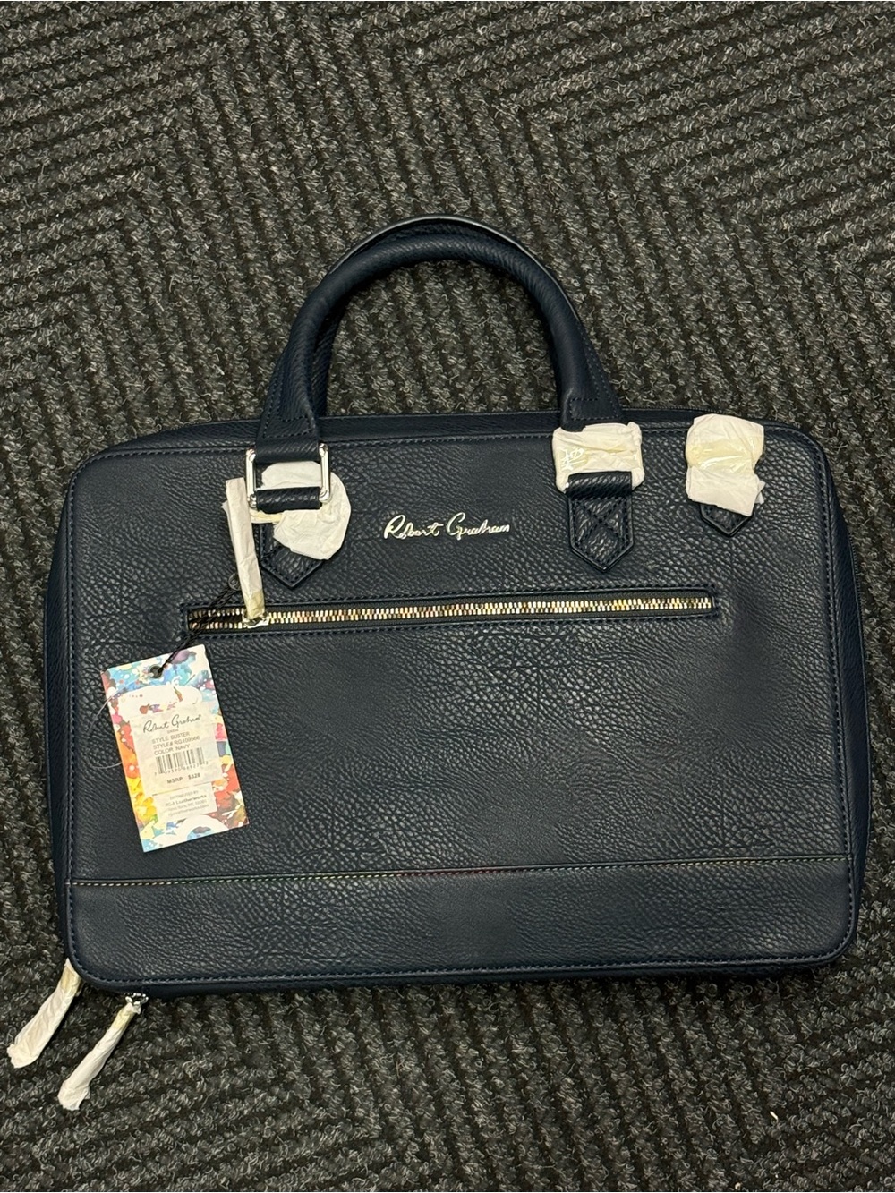 Robert Graham Navy Leather Briefcase with Gold Hardware